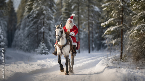 Cowboy Santa Claus riding a horse through a snowy landscape, decked out in festive attire, with a bag of Christmas presents © bluebeat76