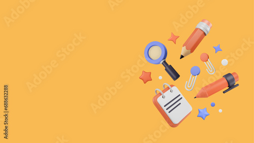 3D Stationery supplies floating on yellow background. Banner template with copy space. Arrangement of magnifier render, plastic pen and pencil, copybook, paper clips and stars. Vector illustration.