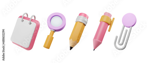 3D office supplies. Magnifier, notepad render, pen and pencil in plastic style, paper clip. Vector illustration with stationery elements. School tools in pastel purple, pink and yellow colors.