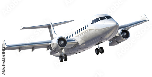 Silver commercial airplane jetliner flying, 3D realistic passenger jet vehicle, png format on transparent background, Generative AI