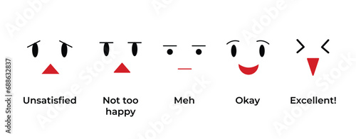 Face emoticon set for rating from unsatisfied to very satisfied vector illustration isolated on horizontal plain white background. Simple flat cartoon kawaii art styled drawing.