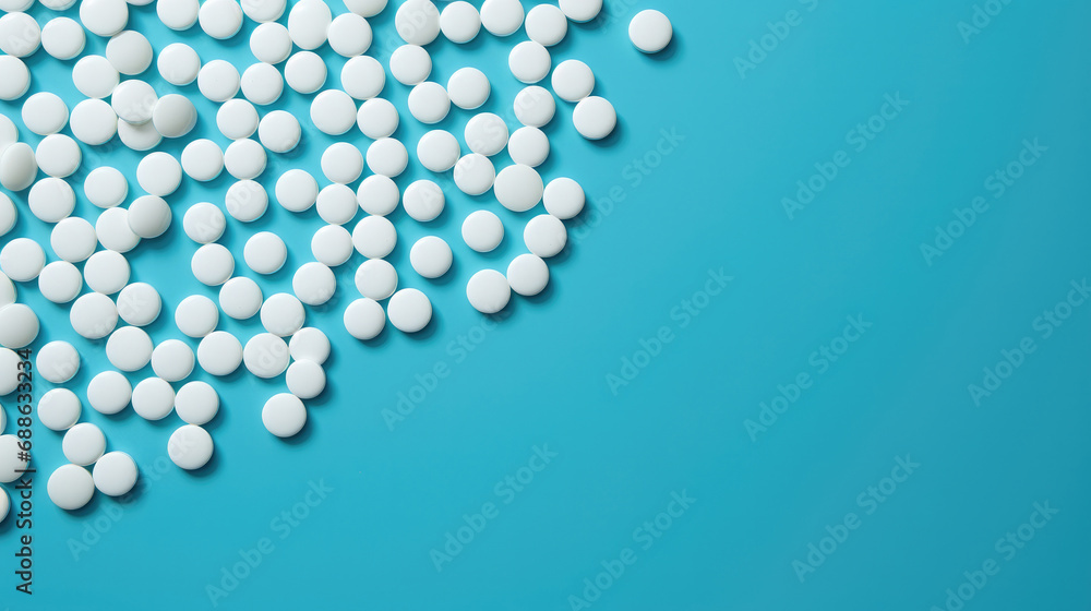 medical tablets on a blue background, top view medical tablets on a blue background, top view