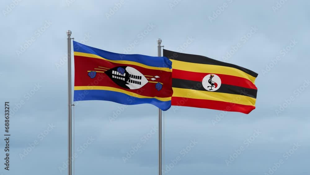 Republic of Uganda and Eswatini flag waving together on cloudy sky, endless seamless loop, two country cooperation concept Republic of Uganda and Eswatini flag waving together on cloudy sky, endless seamless loop, two country cooperation concept