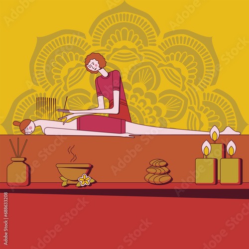 Needle Acupuncture Treatment with professional acupuncturist in spa. Chinese acupressure. Isolated flat vector illustration.