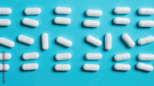 medical capsules on a blue background, top view