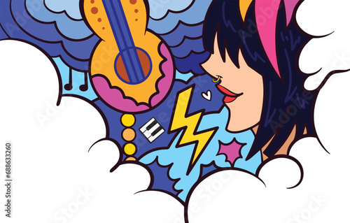 Abstract colorful outlined music festival poster outlined vector illustration isolated on horizontal ratio template with empty copy space on clouds decor. Simple flat art styled drawing.