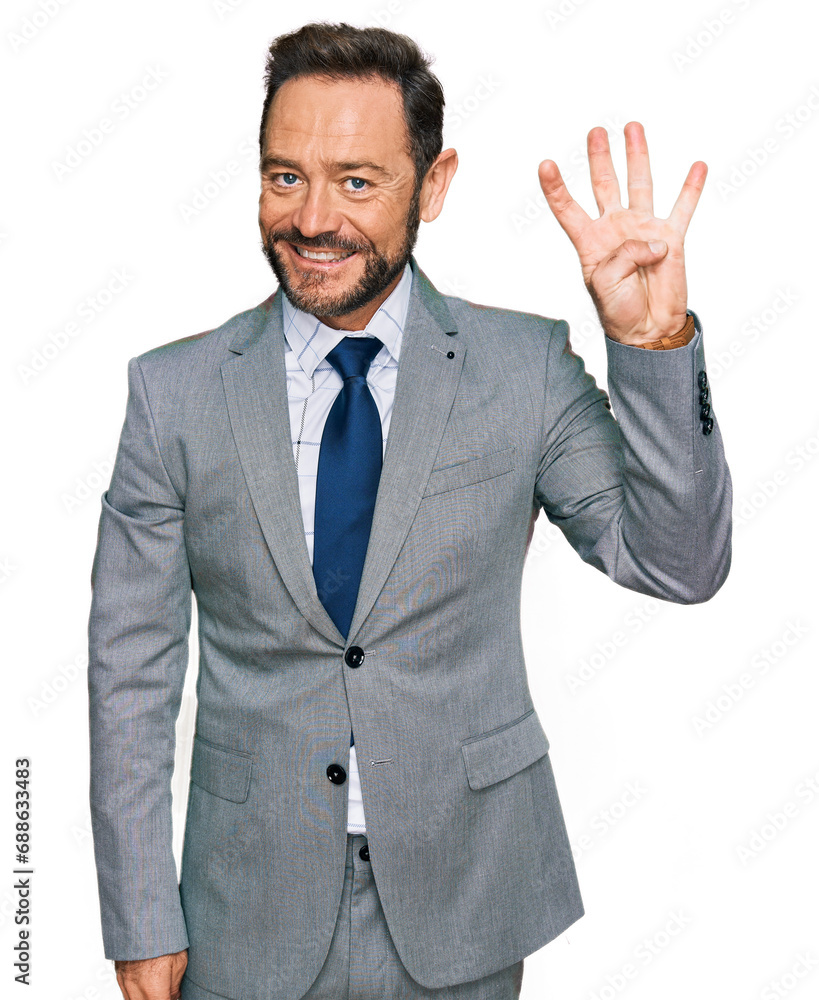Middle age man wearing business clothes showing and pointing up with fingers number four while smiling confident and happy. Middle age man wearing business clothes showing and pointing up with fingers number four while smiling confident and happy.