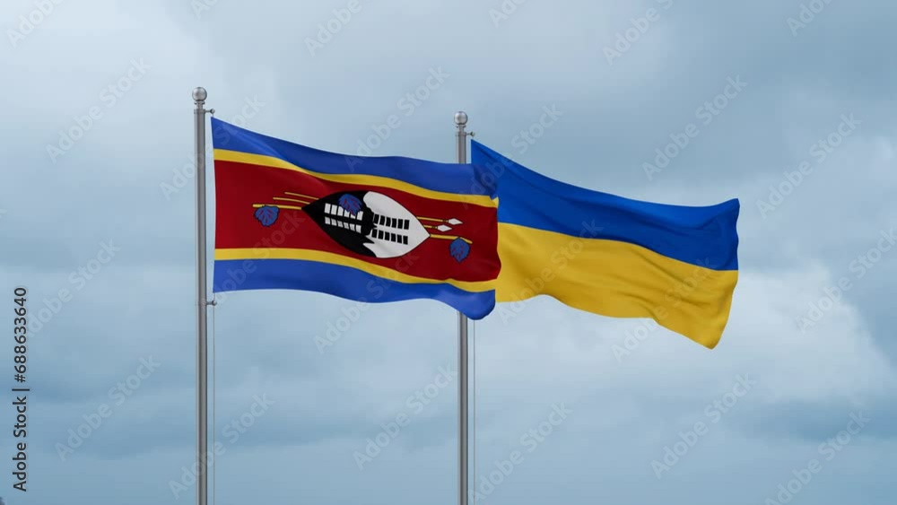 Ukraine and Eswatini flag waving together on cloudy sky, endless seamless loop, two country cooperation concept Ukraine and Eswatini flag waving together on cloudy sky, endless seamless loop, two country cooperation concept
