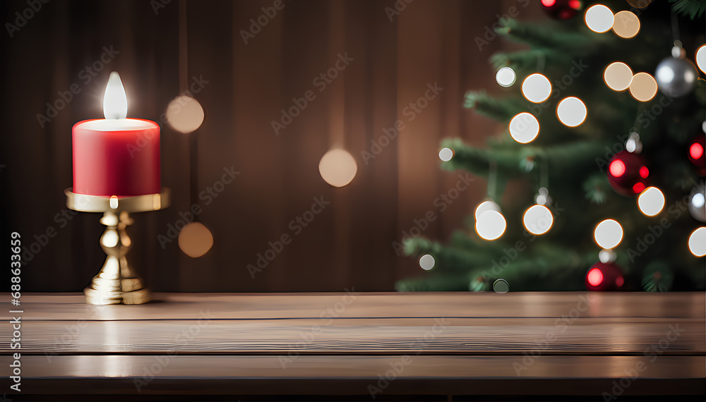 Wooden table with Christmas theme in the background - Christmas decorations - gifts, lights, candles Wooden table with Christmas theme in the background - Christmas decorations - gifts, lights, candles