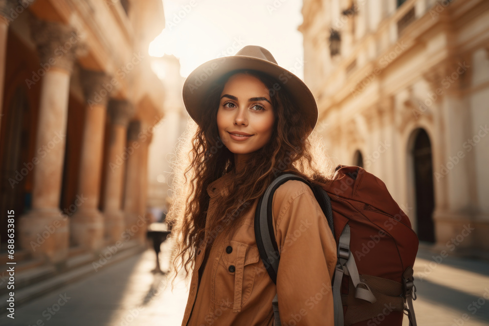 Stylish woman with hat wandering in a sunny historical quarter Stylish woman with hat wandering in a sunny historical quarter