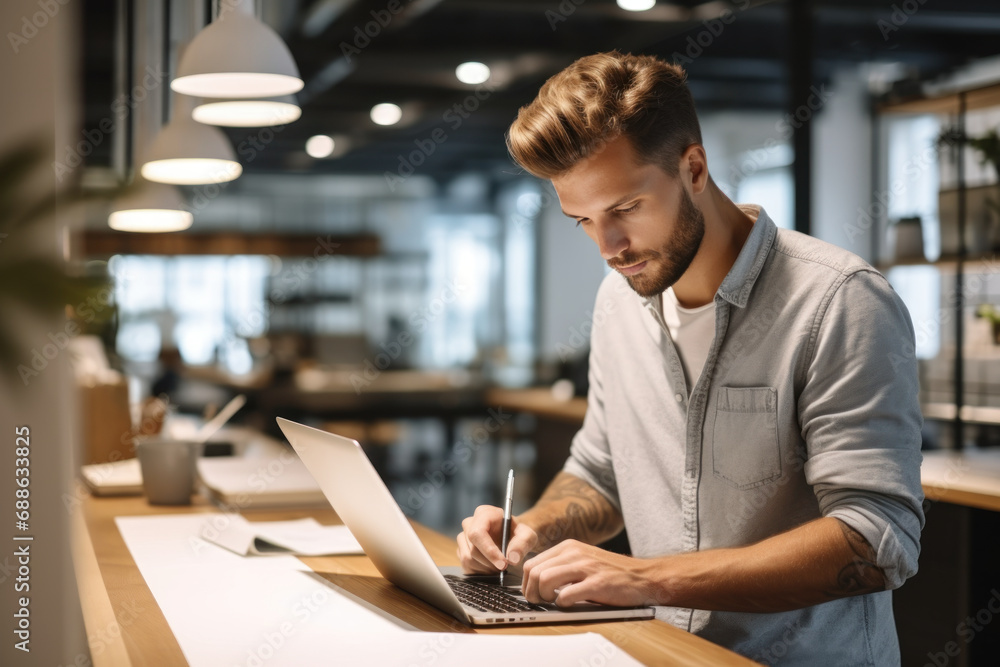 Focused male graphic designer working on laptop in coworking space Focused male graphic designer working on laptop in coworking space