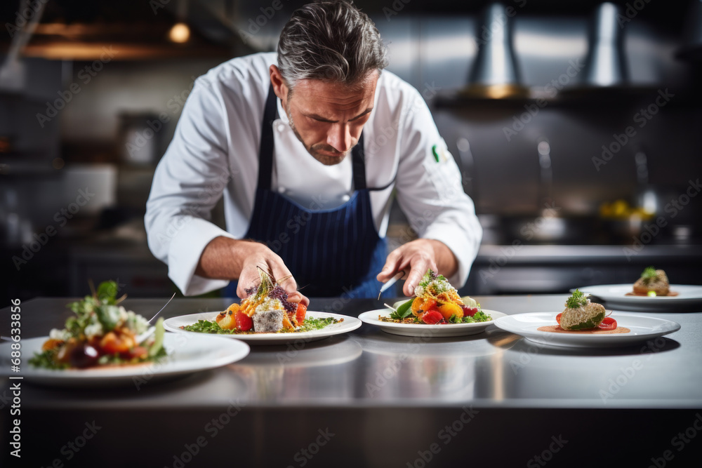 Male chef meticulously plating dish in high-end kitchen Male chef meticulously plating dish in high-end kitchen