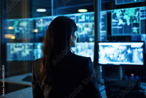 Female security professional analyzing data on multiple screens