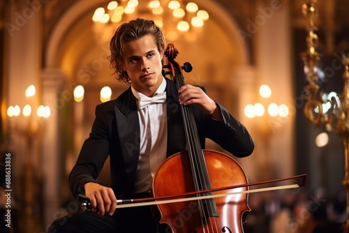 Young man with cello performing in ornate hall