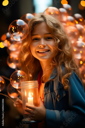Girl holding candle and bubbles in front of her.