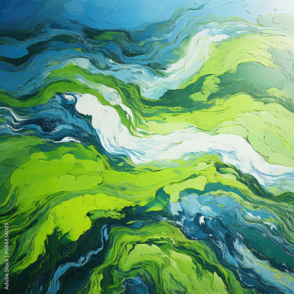 Green, white, and blue flowing liquid background image