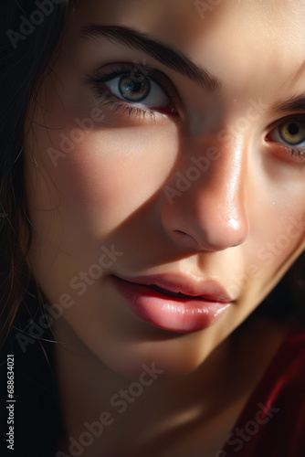 Close up of woman's face with red dress.