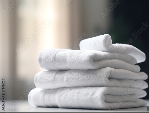Stack of fresh clean towels on bathroom table