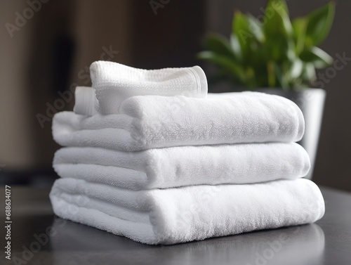 Stack of fresh clean towels on bathroom table