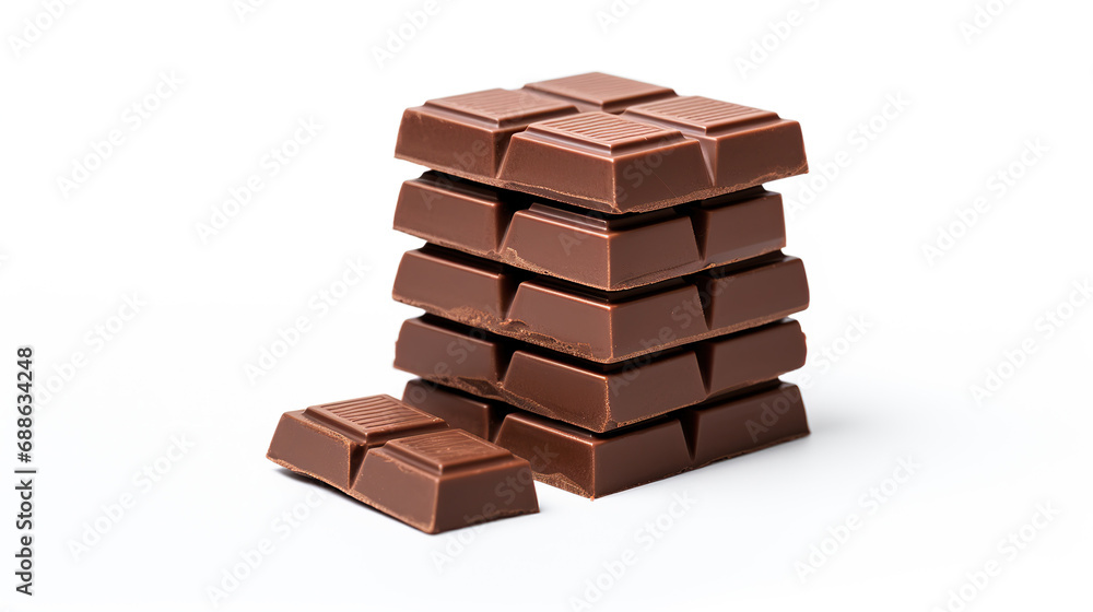 Milk chocolate bars stack isolated on a white background. Studio shot. Broken chocolate pieces on white. Milk chocolate bars stack isolated on a white background. Studio shot. Broken chocolate pieces on white.
