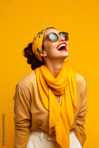 Woman wearing sunglasses and yellow scarf is laughing.