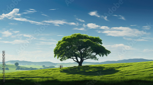 endless green meadow  there is one big trees