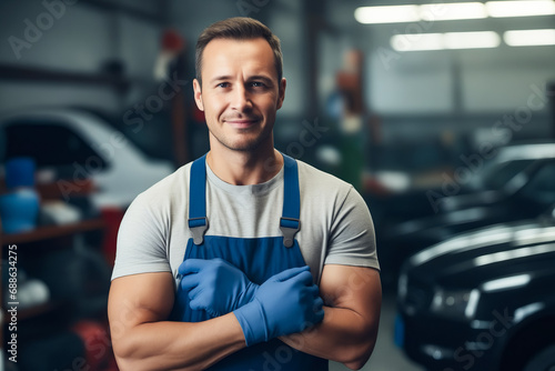 Man in garage with his arms crossed and car in the background.
