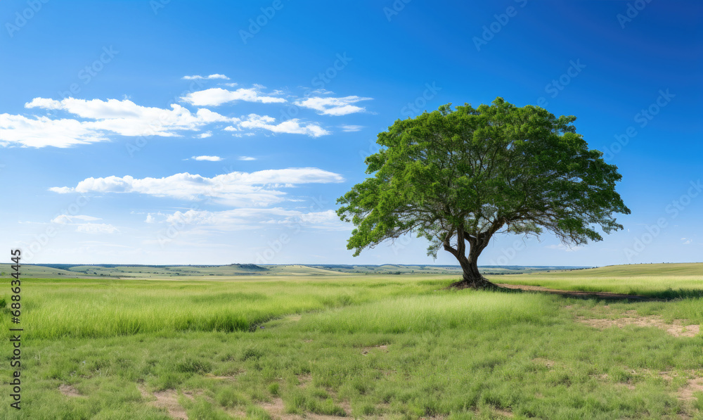 endless green meadow, there is one big trees