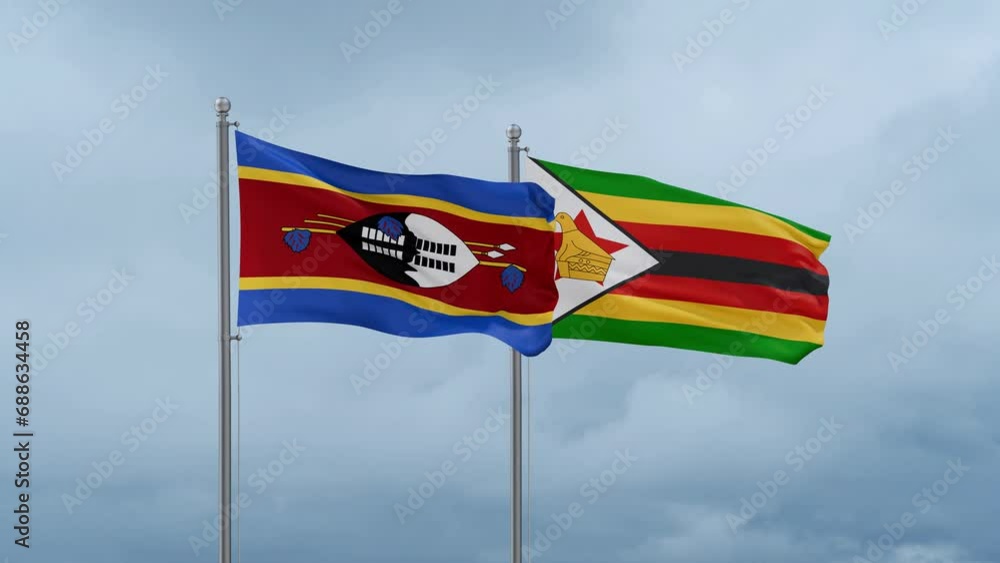 Zimbabwe and Eswatini flag waving together on cloudy sky, endless seamless loop, two country cooperation concept Zimbabwe and Eswatini flag waving together on cloudy sky, endless seamless loop, two country cooperation concept