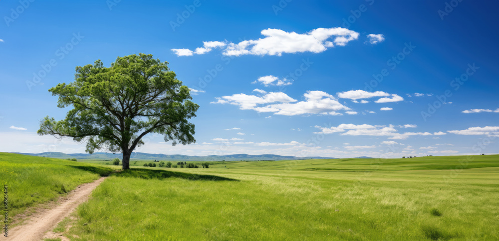 endless green meadow, there is one big trees endless green meadow, there is one big trees