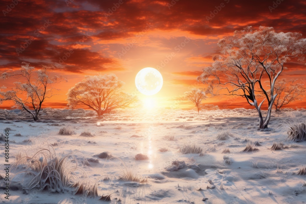 Fototapeta premium a illustration of a sunset in a snowy landscape