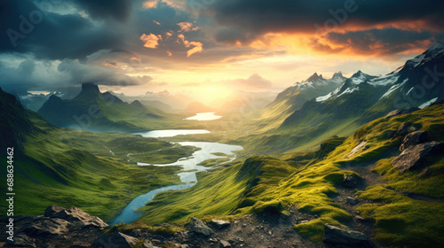 Awesome inspiring highlands in the sunshine. Image from a fairy tale