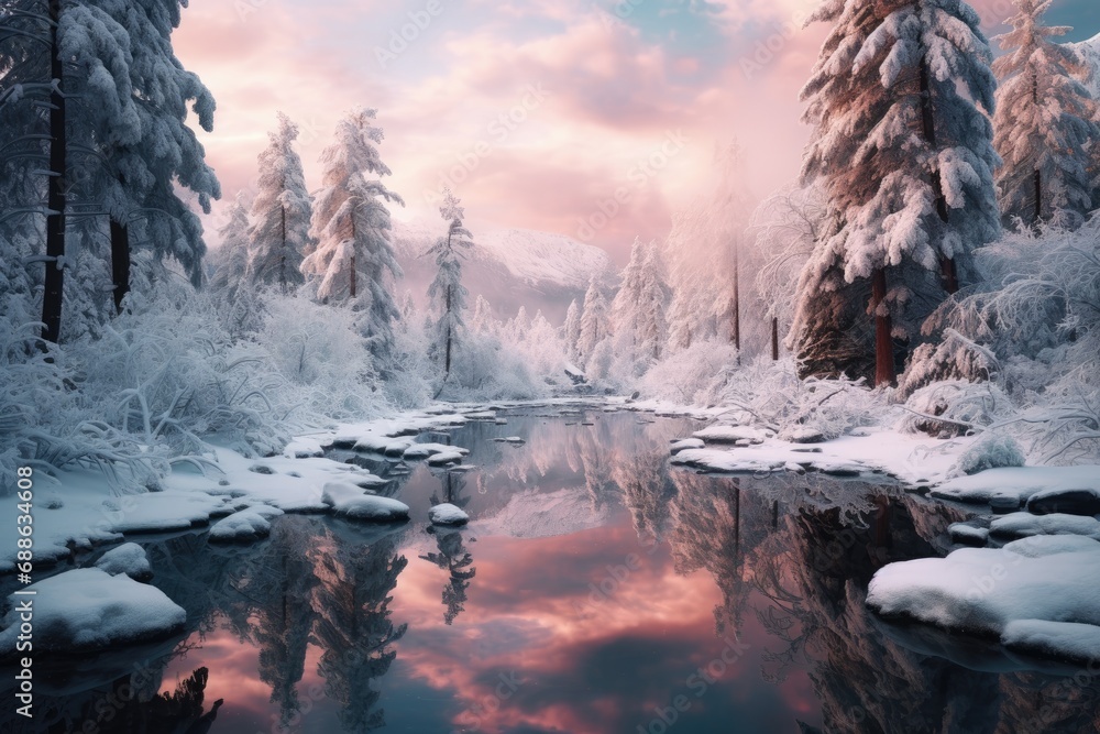 Fototapeta premium a river surrounded by snow covered trees in a forest