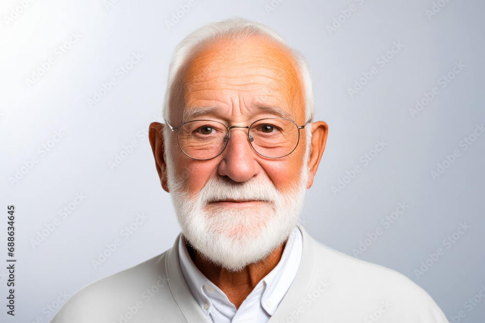 Man with white beard and glasses on gray background.