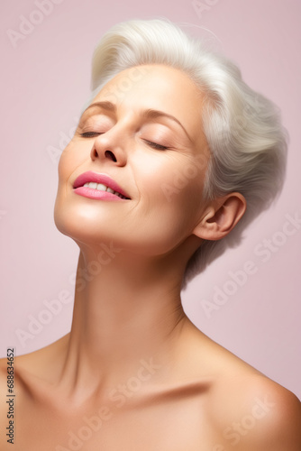 Woman with white hair and pink background is smiling.