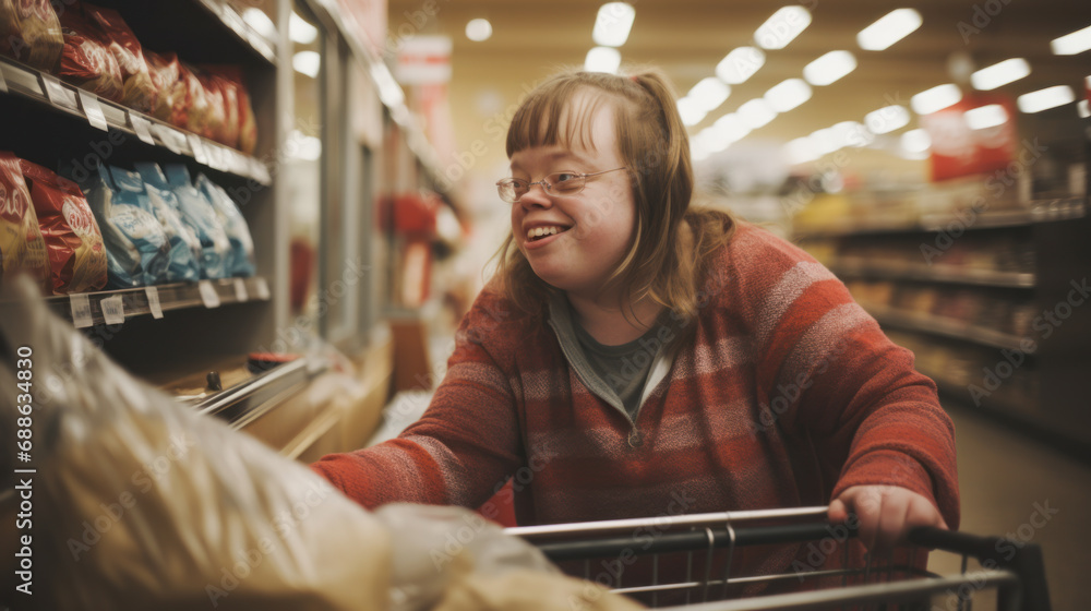 Young woman with Down syndrome is shopping at a grocery store. A woman with mental retardation independently replenishes food supplies in a supermarket. Young woman with Down syndrome is shopping at a grocery store. A woman with mental retardation independently replenishes food supplies in a supermarket.