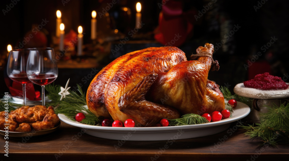 Holiday table adorned with festive baked chicken, a Christmas culinary Holiday table adorned with festive baked chicken, a Christmas culinary