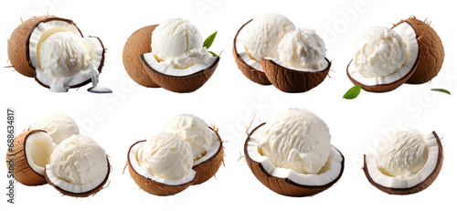 Set of Ice cream Coconut scoop ball in coconut shell cutout on transparent background. advertisement. product presentation. banner, poster, card, t shirt, sticker.