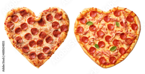 Heart shaped Pizza pepperoni ham cheese cutout on transparent background. advertisement. product presentation. banner, poster, card, t shirt, sticker.