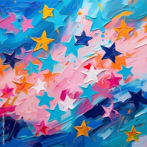 抽象油絵正方形バナー）水色とピンク背景にオレンジ・白・青のラフな星柄