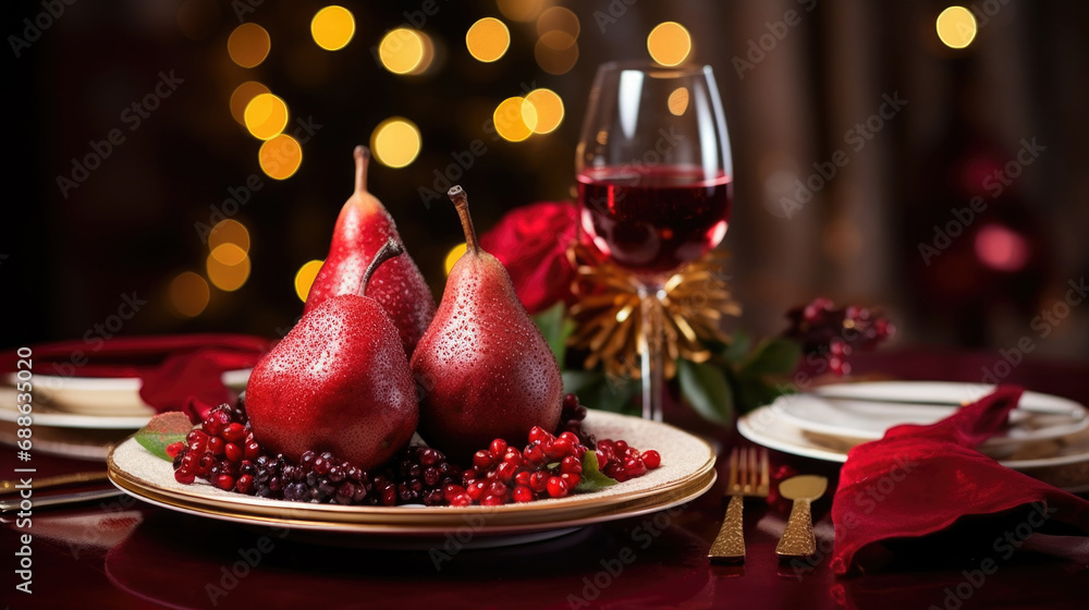 pear in wine on the festive Christmas table