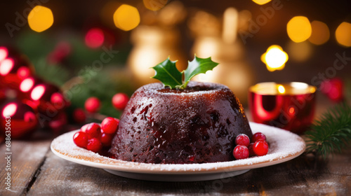 Traditional plum pudding on the festive Christmas table