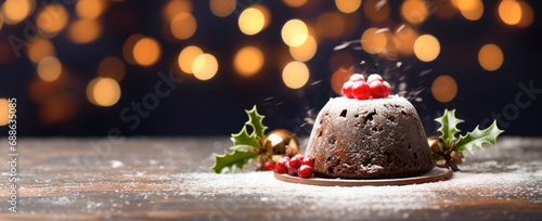 Festive table adorned with classic plum pudding photo