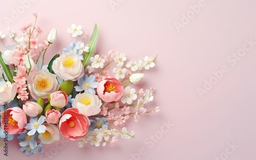 Happy Easter poster with bouquet of spring flowers isolated on pink background. Floral illustration, pastel colors. Spring design for posters, greeting cards. AI Generative.