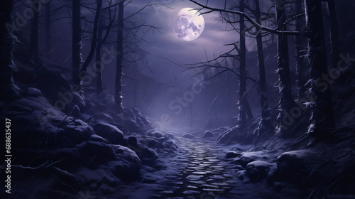 A path through a purple mystery forest in winter