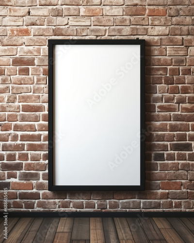 A mock up blank white photo frame lying against a brick wall