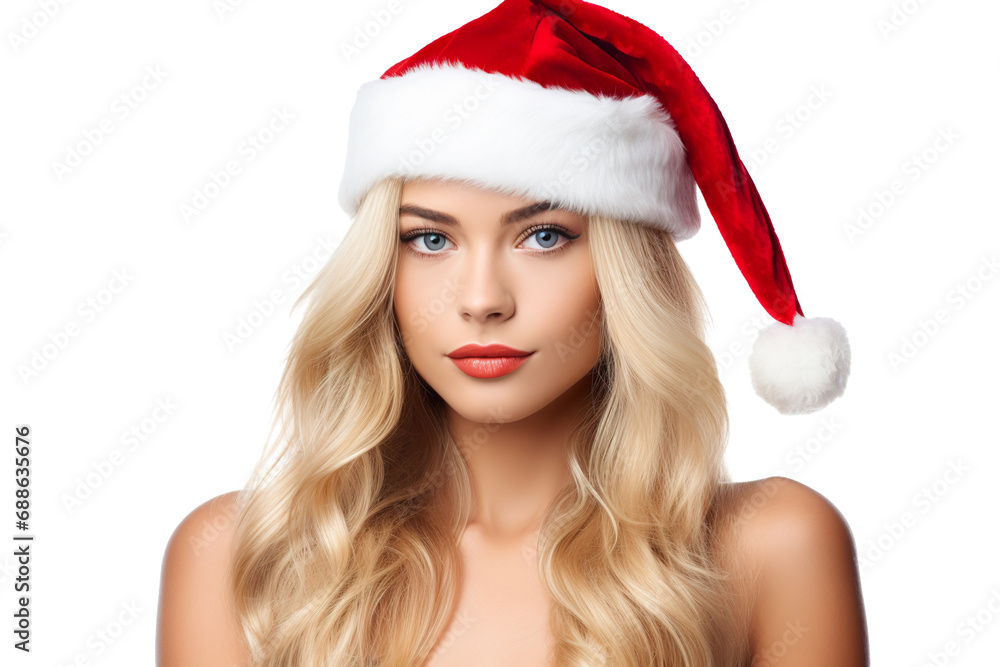 beautiful woman in a Santa-style Christmas look, close-up, isolated on a white background PNG beautiful woman in a Santa-style Christmas look, close-up, isolated on a white background PNG
