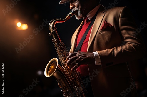 A black male musician with a hat is playing jazz with a sax. AI generative