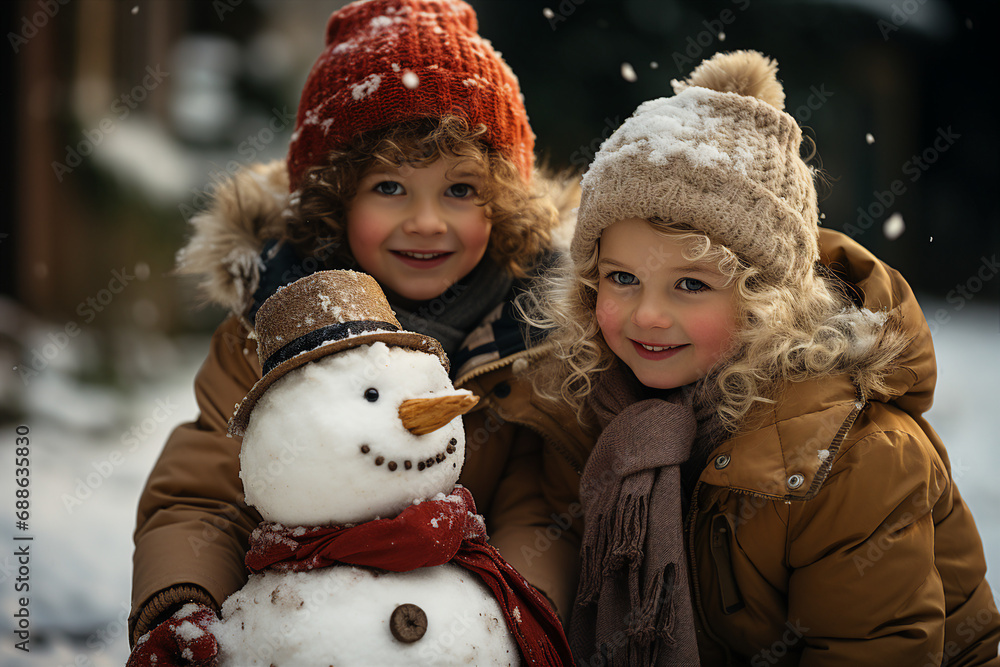 Created with generative ai technology image funny white snowman creation of family parents children playing in snow Created with generative ai technology image funny white snowman creation of family parents children playing in snow