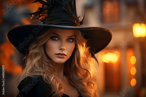 AI generated picture of beautiful girl witch walk on halloween night